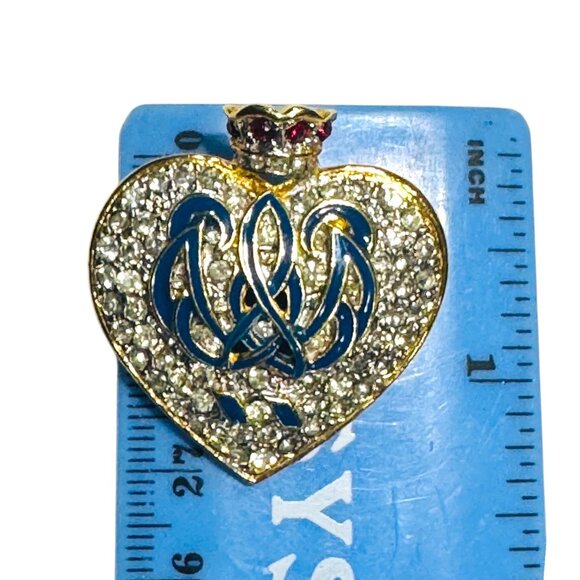 Orient Express Crown Heart Clear Rhinestone Blue Enamel Brooch - Picture 4 of 8